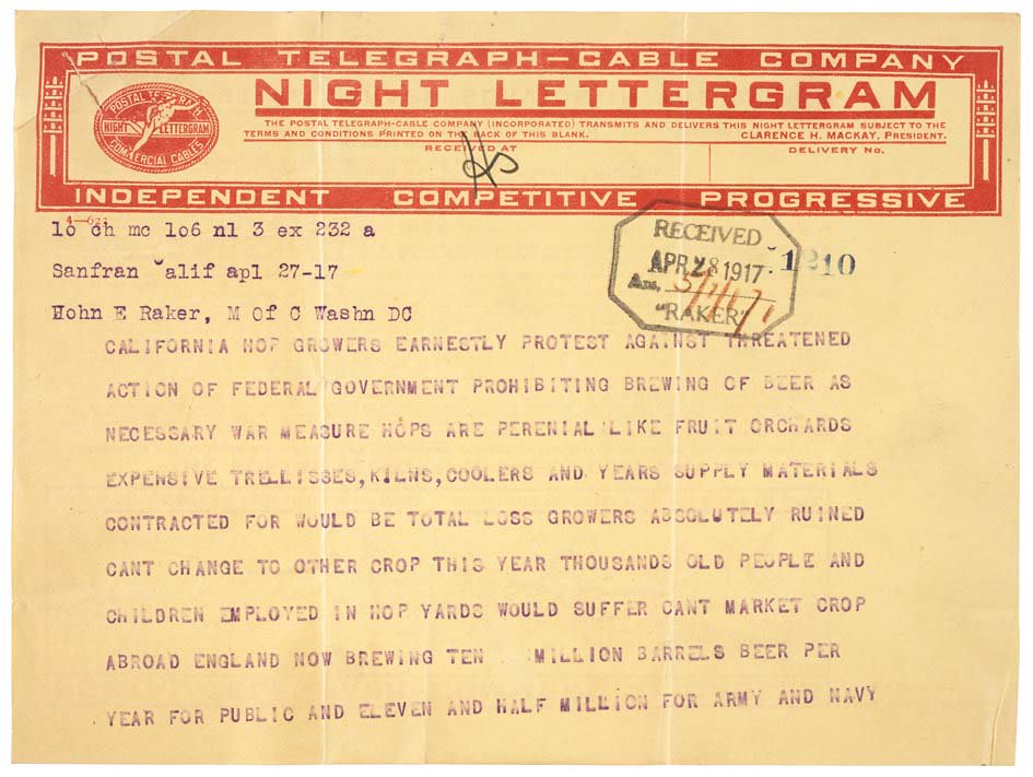 Telegram from California hop growers protesting proposed Federal prohibition on brewing beer during WW1, OTD 1917